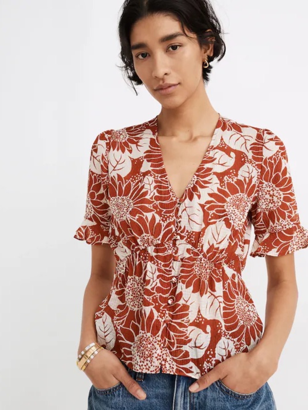 Madewell Silk Rust and White Floral V-Neck Top